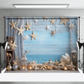 Lofaris Coastal Summer Photography Backdrop Beach Scene with Starfish and Lanterns Blue Wood Wall Photo Prop Decor